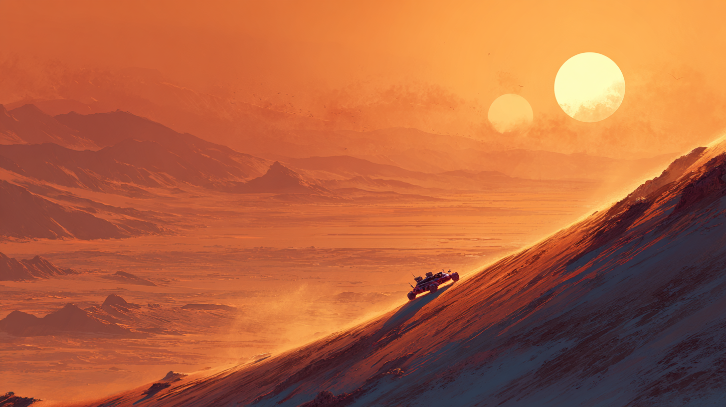 quietlight Futuristic desert rover climbing a dune under twin 394e3bcd-d8f7-47e6-bb68-f6bf5d9450a8 2