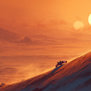 quietlight Futuristic desert rover climbing a dune under twin 394e3bcd-d8f7-47e6-bb68-f6bf5d9450a8 2